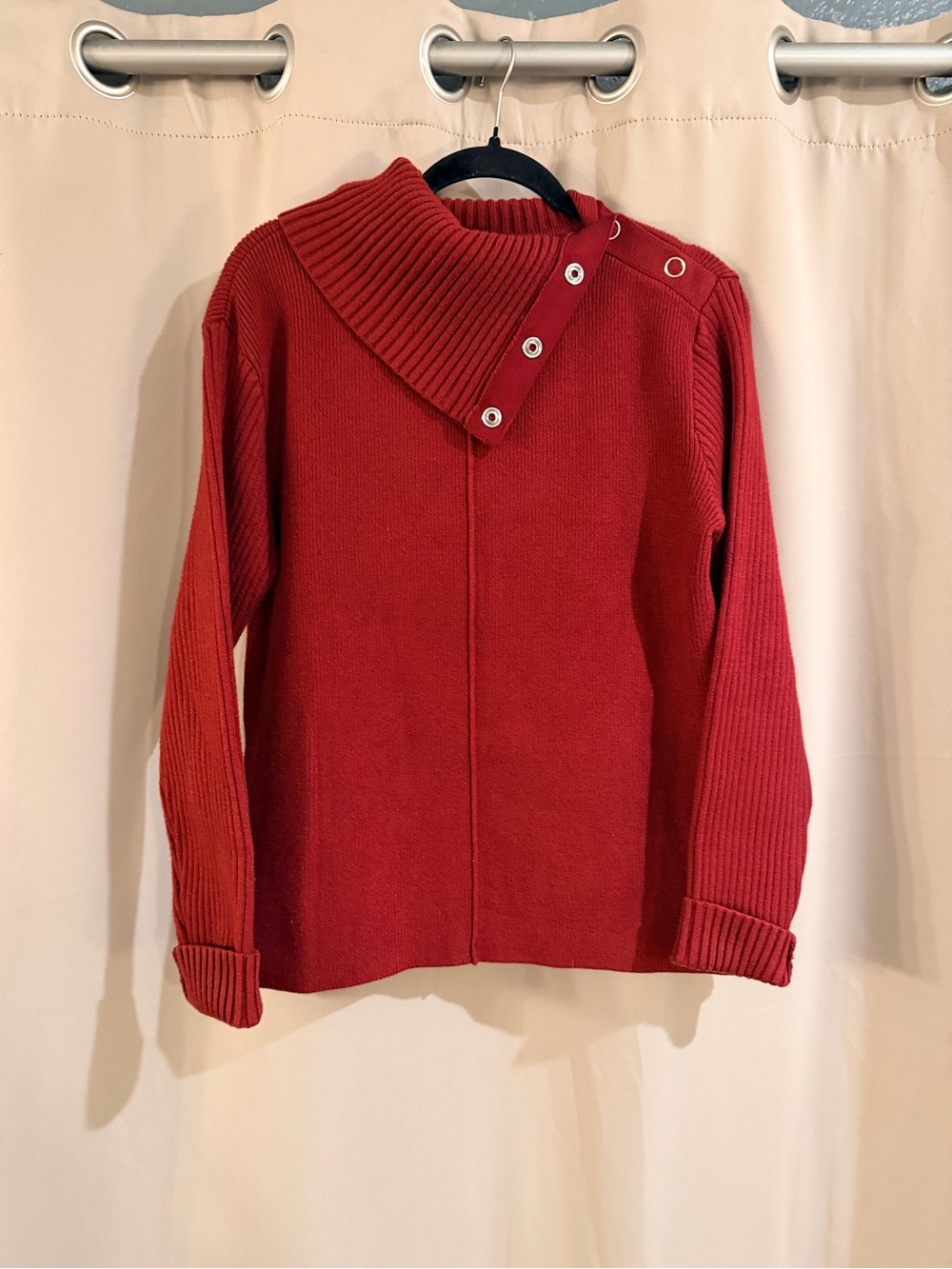 CAbi Red Asymmetric Snap-Trim Ribbed Collar Sweater